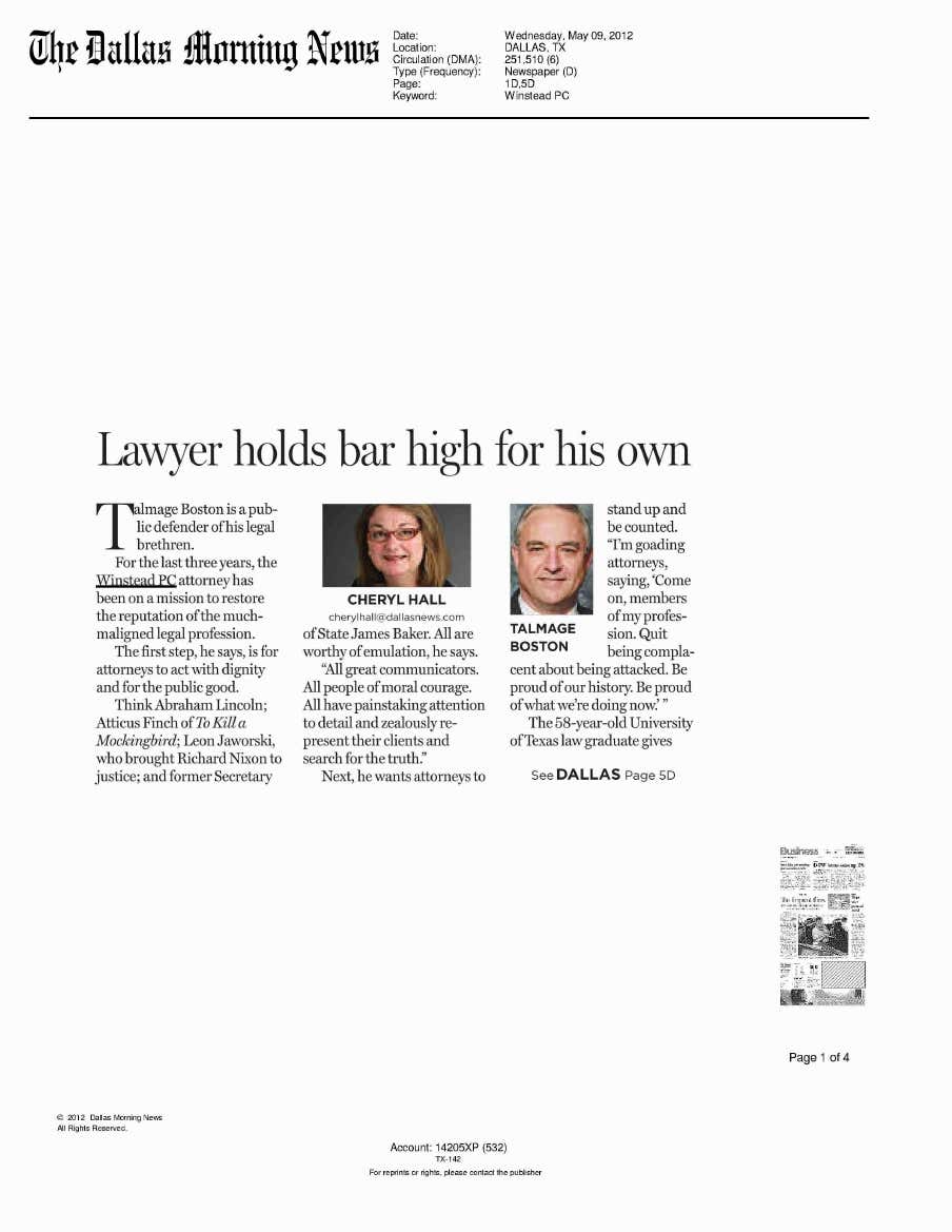 Dallas Morning News - Lawyer Holds Bar High For His Own